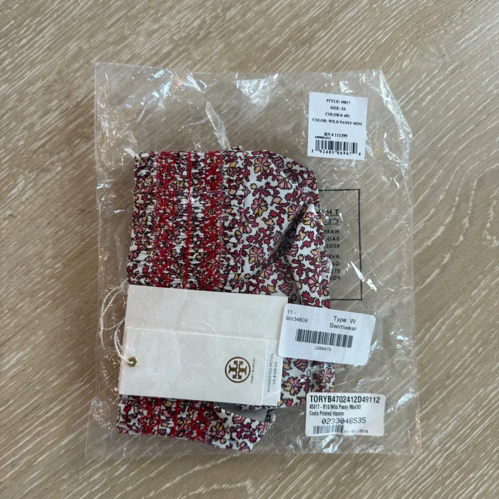 Tory Burch Costa Printed Hipster Bikini Bottom Wild Pansy Mini Red Floral XS NEW